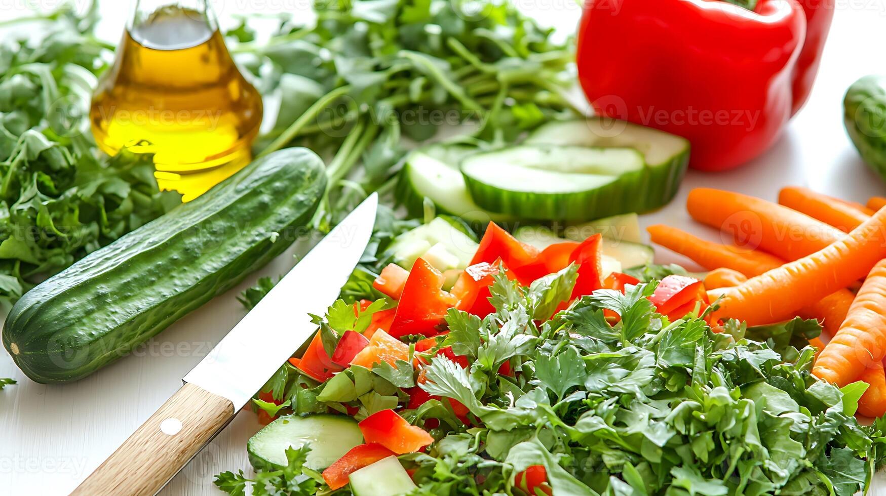 Healthy salad made with fresh vegetables, greens, and a drizzle of olive oil photo