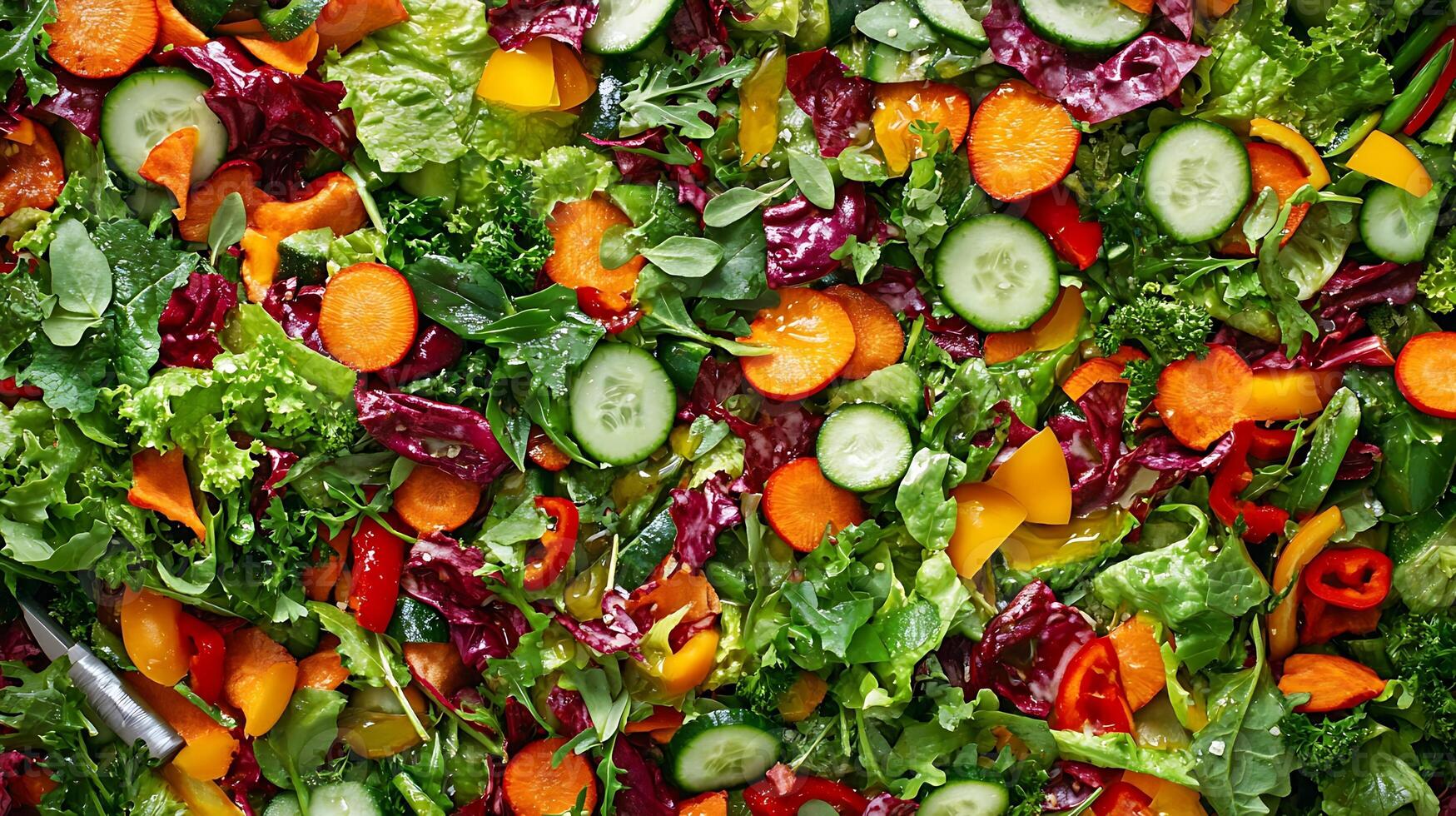 Crisp fresh vegetables in a salad, surrounded by greens and olive oil dressing photo