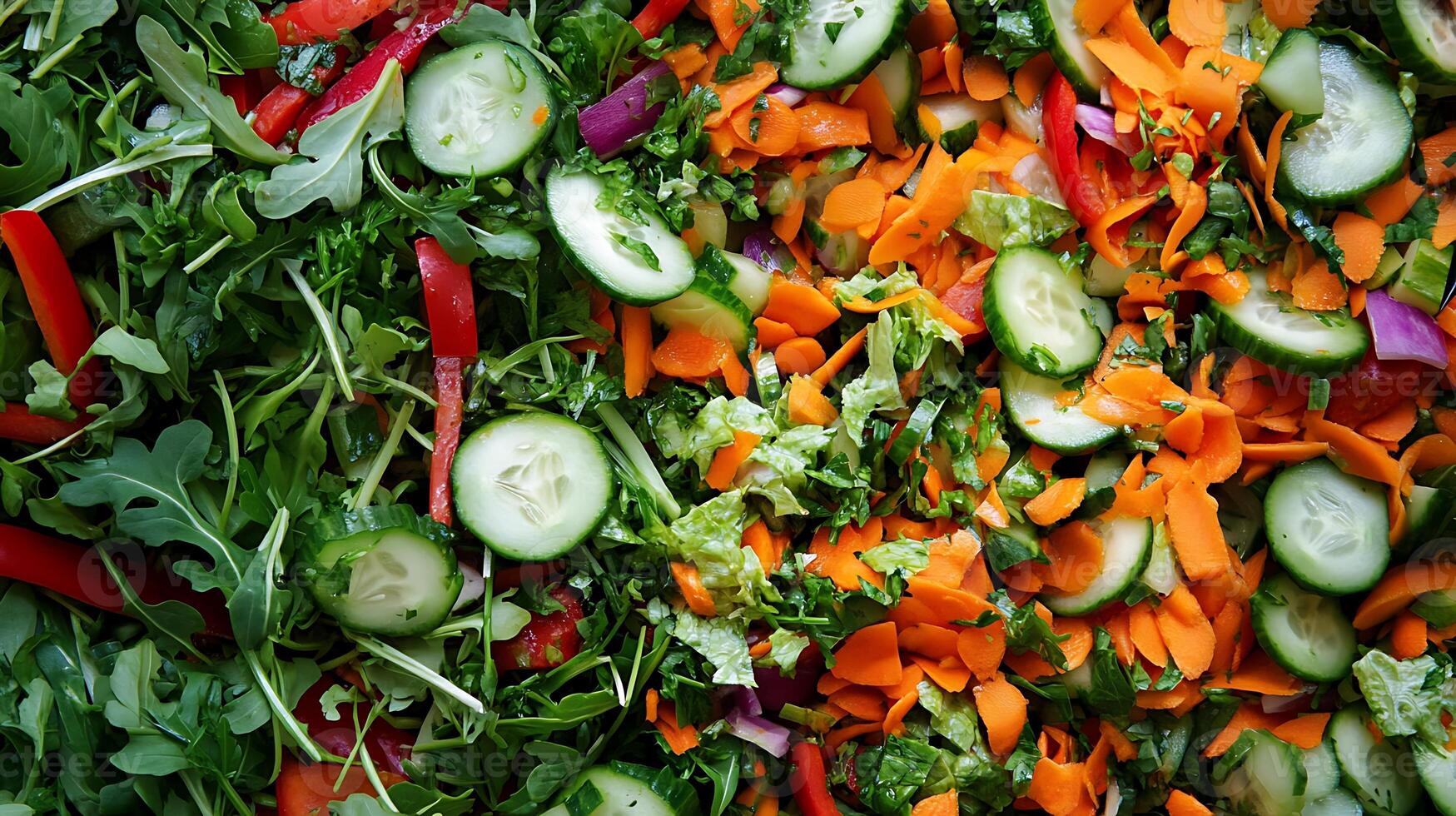 Healthy salad with vibrant vegetables and greens, drizzled with olive oil photo