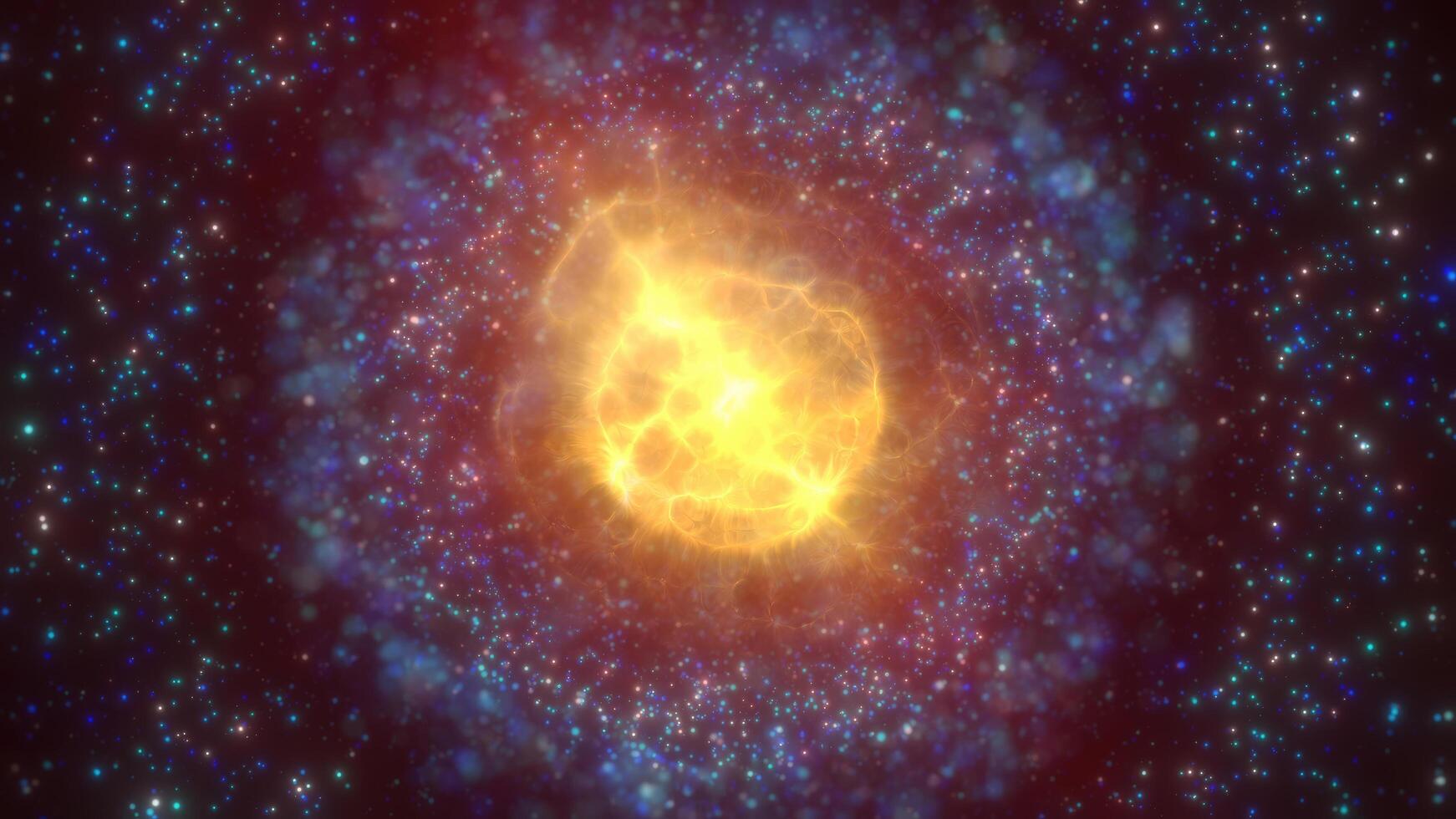 A golden, luminous nebula sphere with surrounding star-like particles in a cosmic space scene, exuding warmth and mystique background photo