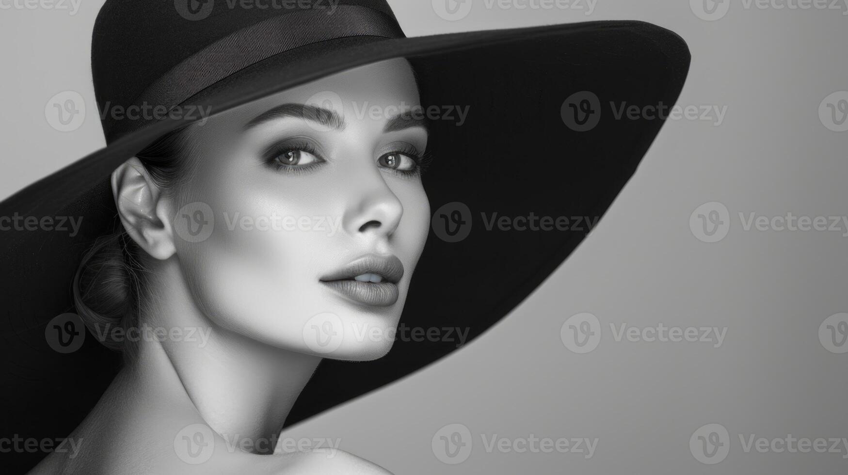 Beautiful Caucasian Woman Wearing Elegant Wide-Brimmed Hat and Black Turtleneck Posing Against Gray Background. Concept of Timeless Fashion, Chic Style, Classic Elegance. Black and White. Copy space photo