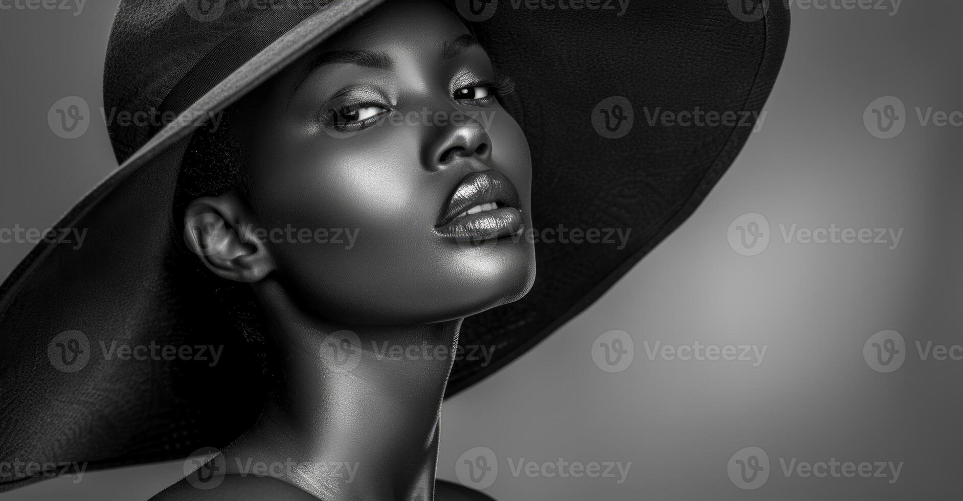 Elegant Young African American Woman in a Wide-Brimmed Hat on Gray Background. Concept of Classic Fashion, Confidence, Timeless Elegance, Beauty, Vintage Style. Black and White. Copy space photo