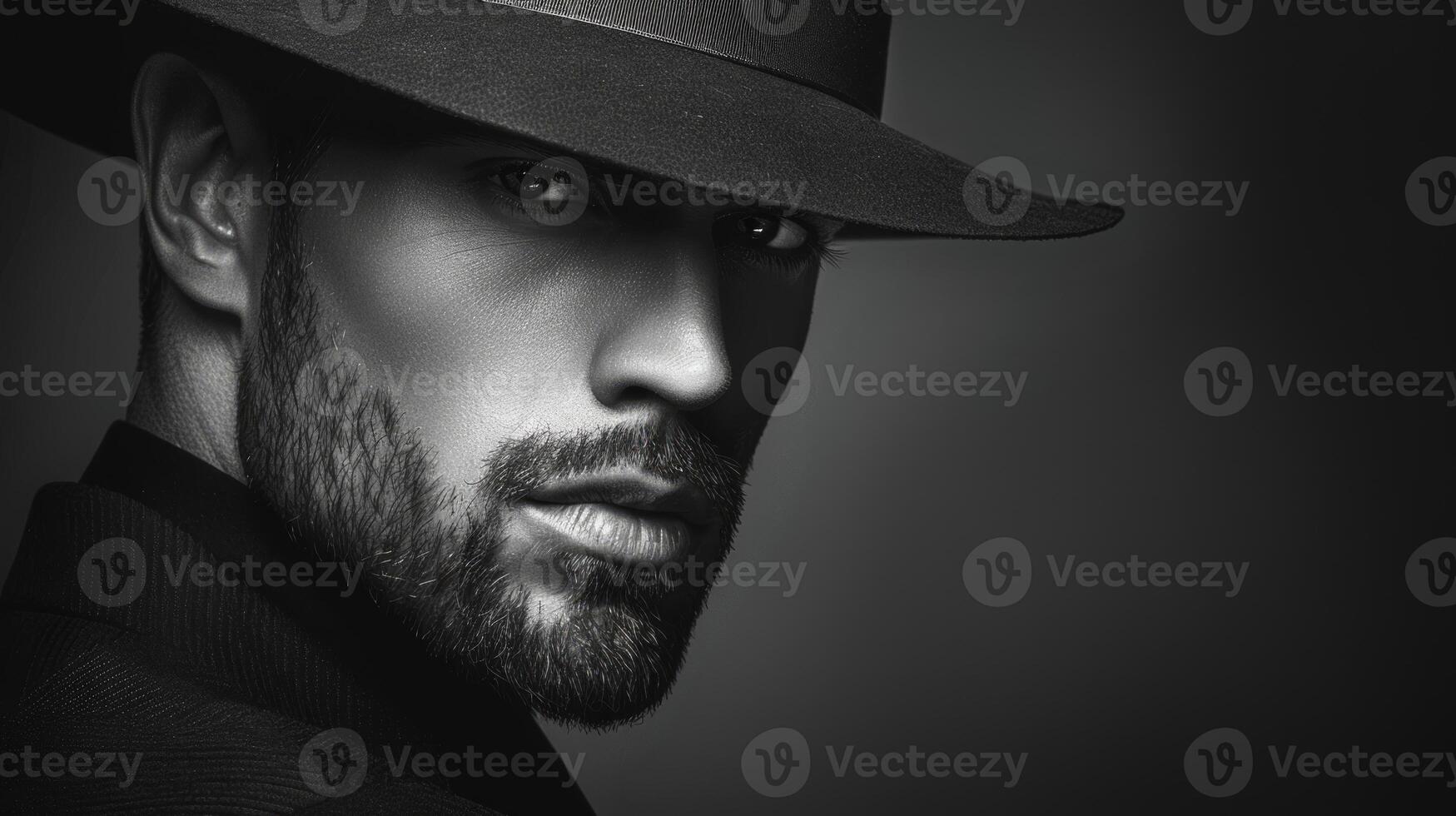 Elegant Man in Wide Brimmed Hat on Grey Background. Concept of Classic Fashion, Confidence, Timeless Elegance, Vintage Style, Masculinity. Black and White, Minimalist Style photo