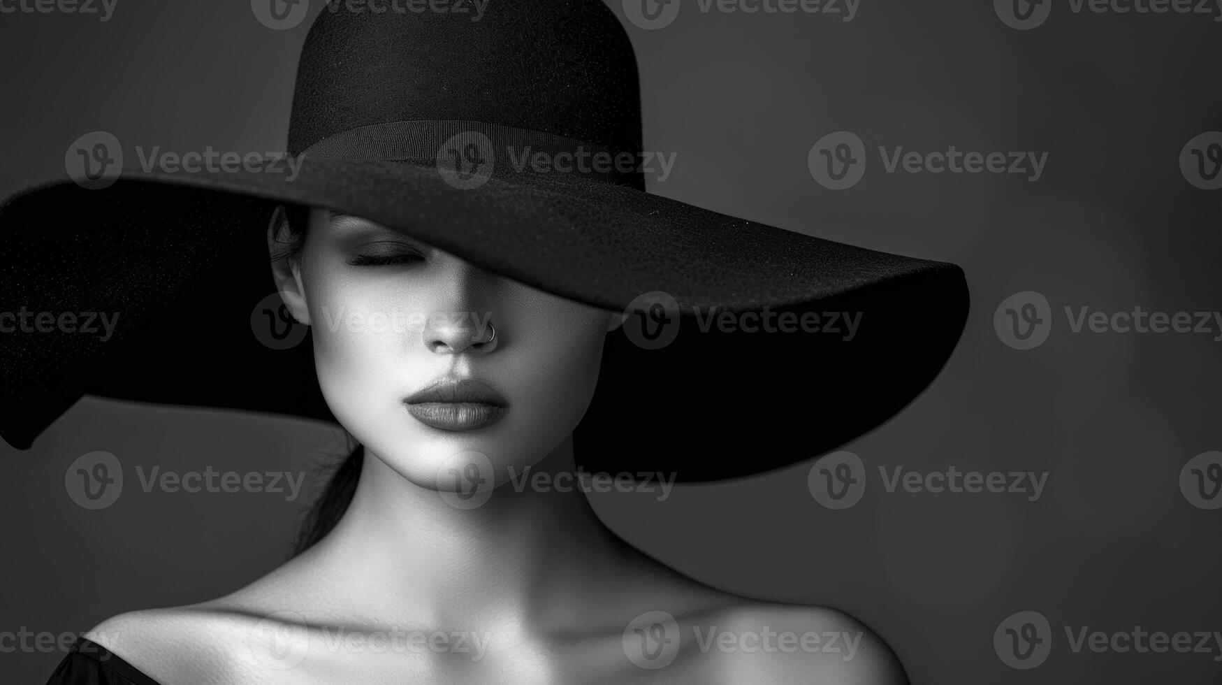 Elegant Young Woman in Wide-Brimmed Hat on Grey Background. Concept of Timeless Fashion, Chic Style, Classic Elegance. Black and White. Copy space. Copy space photo