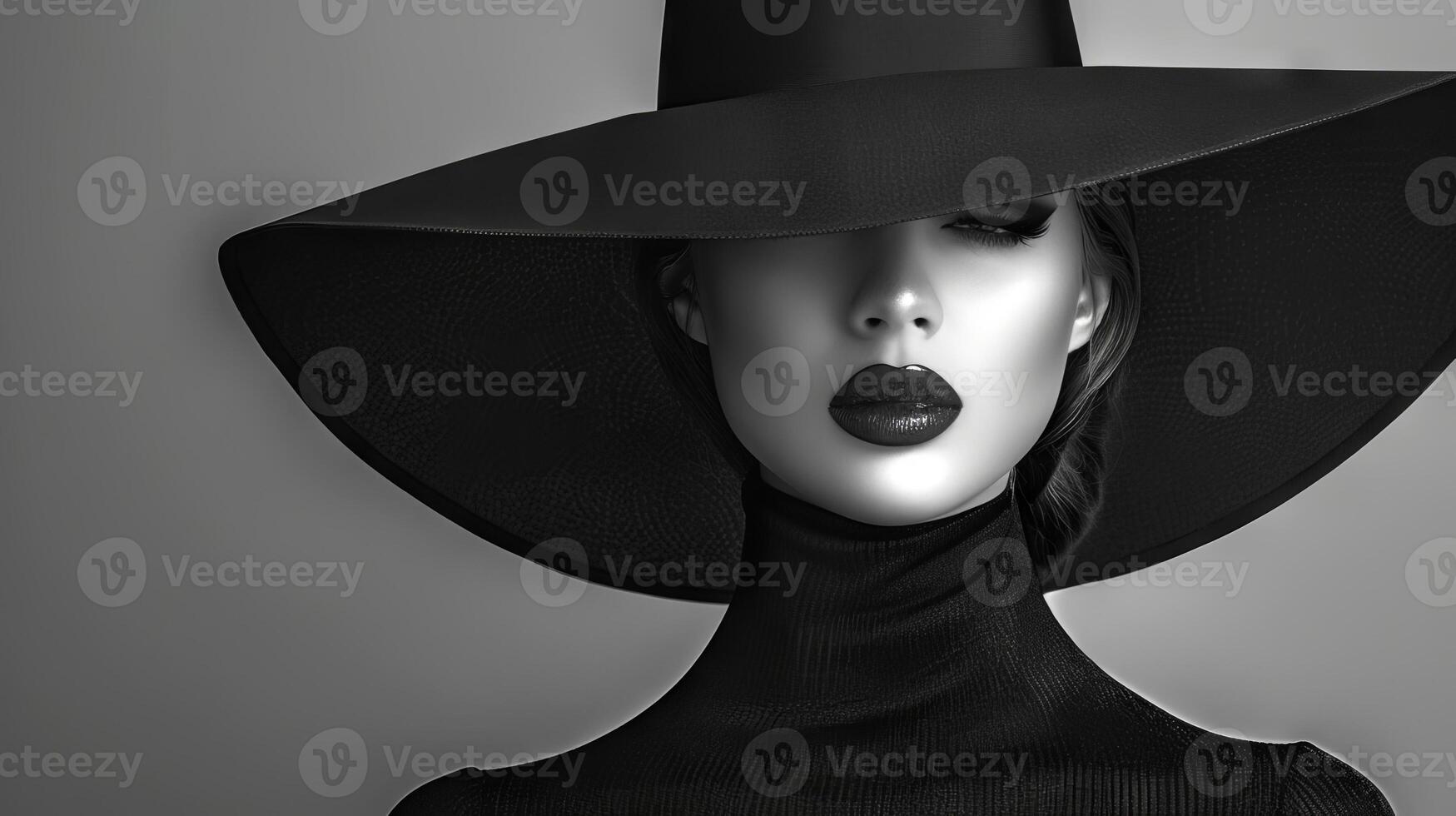 Elegant Young Woman in Wide-Brimmed Hat on Grey Background. Concept of Timeless Fashion, Chic Style, Classic Elegance. Black and White. Copy space. Copy space photo