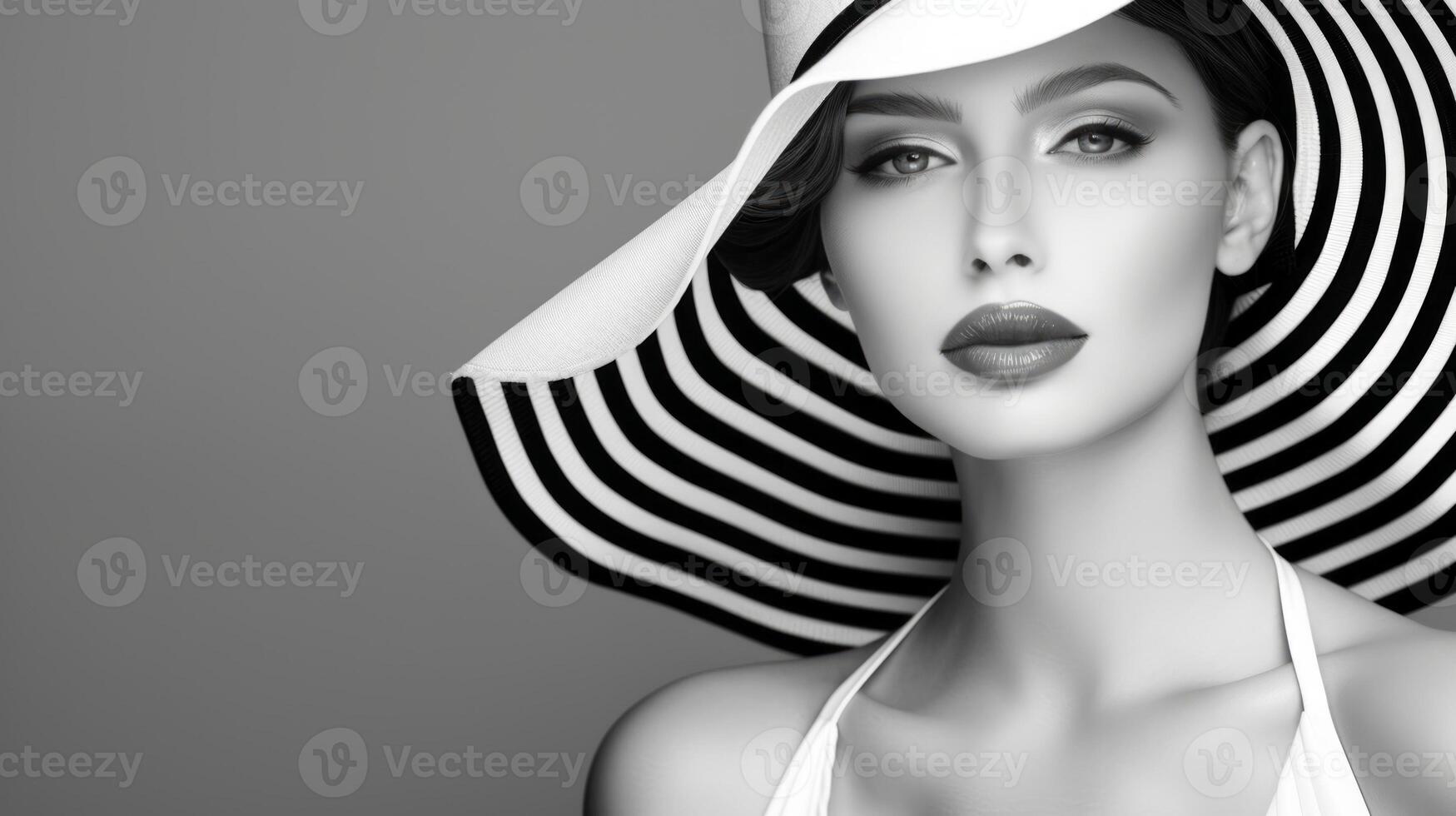 Elegant Woman in a Wide-Brimmed Hat on Grey Background. Concept of Timeless Fashion, Chic Style, Classic Elegance. Black and White. Copy space. Copy space photo