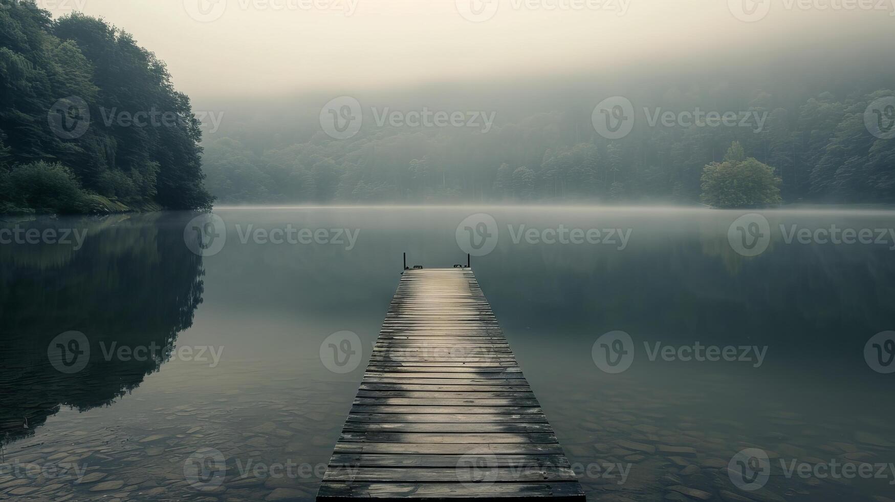 Mist-Covered Lake Surrounded by Dense Forest with Wooden Pier Extending into Tranquil Waters. Concept of Peaceful Nature, Morning Serenity, Calm Reflections photo
