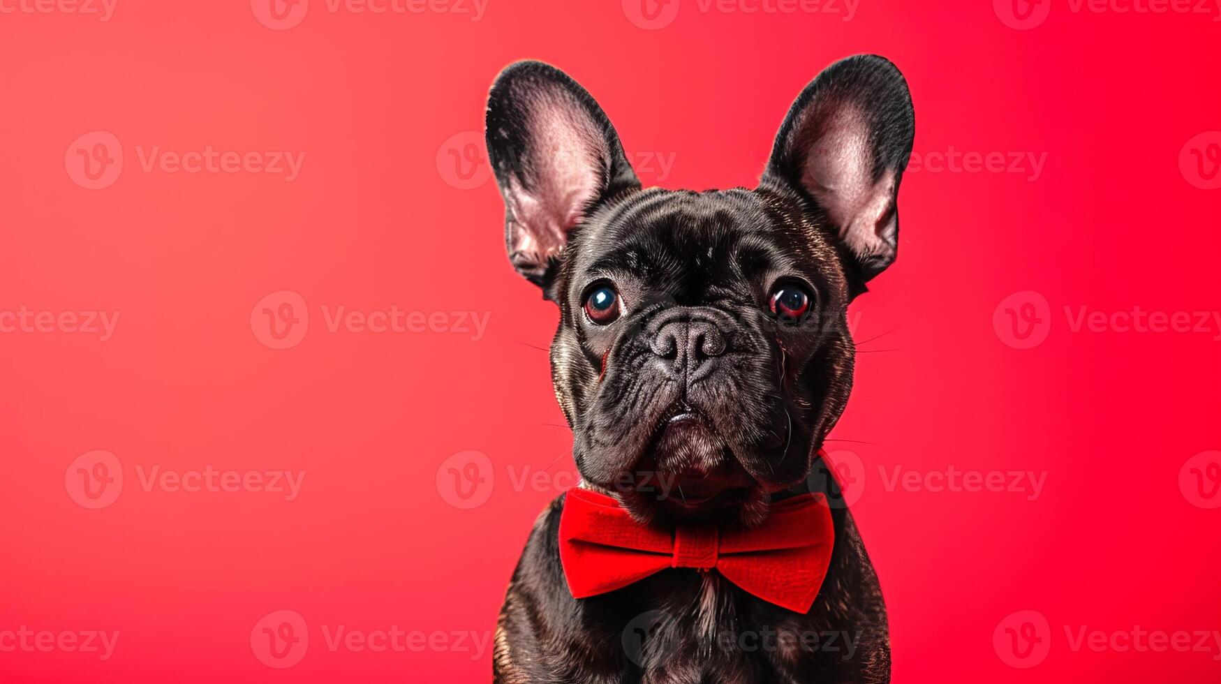 Portrait of a French Bulldog Wearing a Red Bowtie Against a Solid Red Background. Concept of canine elegance, pet fashion, cute dog, and vibrant color contrasts. Copy space photo