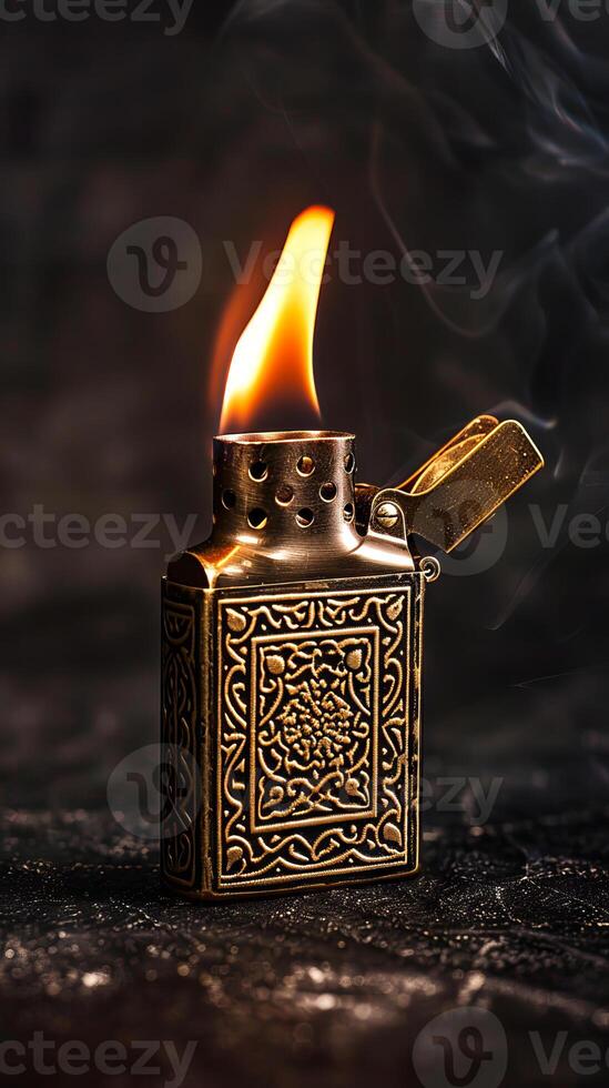 Close-Up of a Woman Lighting a Zippo Lighter on a Dark Background. Concept of Fire Ignition, Lighter Mechanics, Precision Lighting. Vertical photo