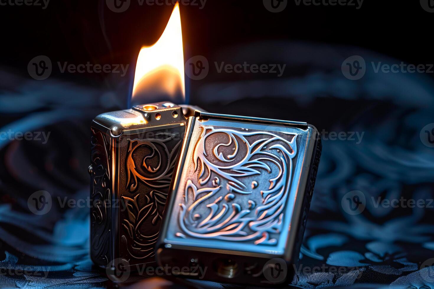Janalyso Lighting a Zippo Close-Up on Dark Black Background. Concept of Handheld Firestarters, Vintage Collectibles, and Urban Aesthetics photo