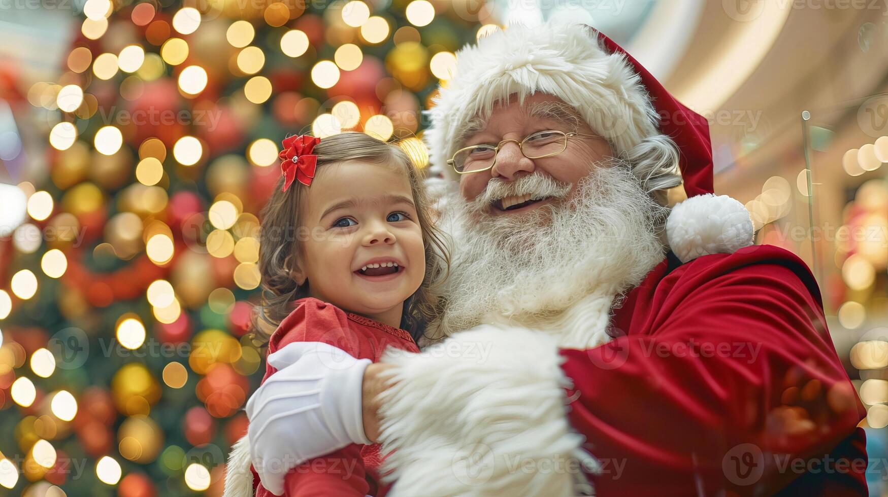 Joyful Santa Claus holding happy little girl with Christmas tree lights in background at shopping mall. Concept of holiday season, festive celebrations, family moments, joyful expressions, cute child photo