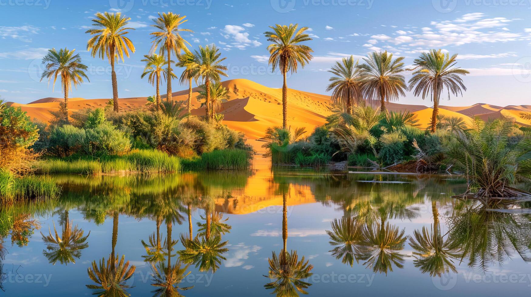 Beautiful Desert Oasis at Sunrise with Palm Trees and Reflecting Water Concept of serene nature, peaceful morning, and desert tranquility photo