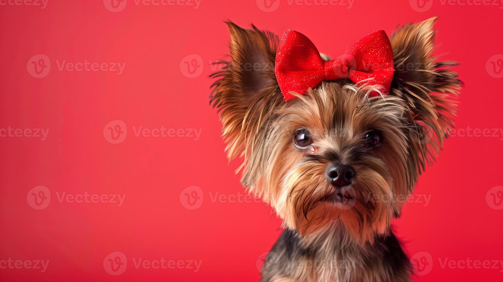 Adorable Yorkshire Terrier Dog with Red Bow and Collar Against Vibrant Red Background. Concept of pet fashion, cute animal portrait, and vibrant colors. Copy space photo