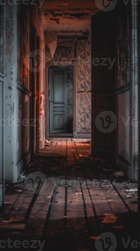 Spooky abandoned house hallway featuring dimly lit wooden floorboards, cobwebs, and eerie open doors. Concept of Halloween, horror, haunted mansion, mystery, scary atmosphere, abandonment. Vertical photo