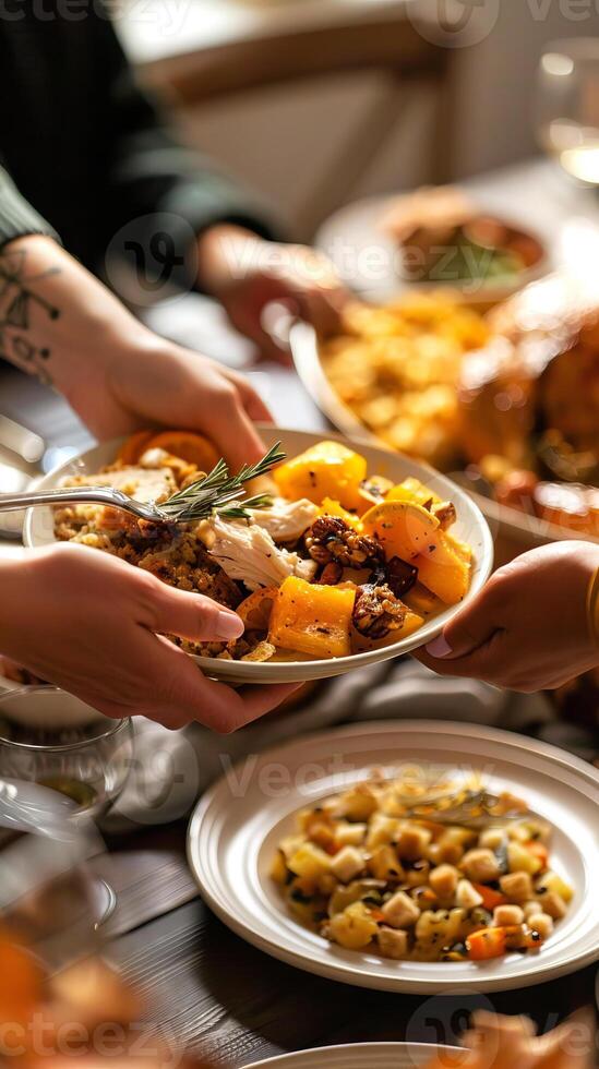 Close-Up of Hands Passing Dishes at a Festive Thanksgiving Table Loaded with Food. Concept of Family Gathering, Holiday Celebration, Traditional Feast. Vertical photo