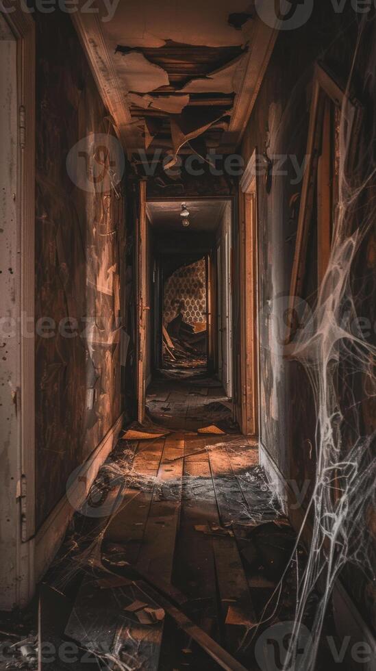 Spooky abandoned house hallway featuring dimly lit wooden floorboards, cobwebs, and eerie open doors. Concept of Halloween, horror, haunted mansion, mystery, scary atmosphere, abandonment. Vertical photo