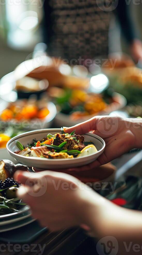 Close-up of hands passing dishes at a Thanksgiving dinner table filled with traditional foods. Concept of holiday celebration, gratitude, and sharing. Vertical photo