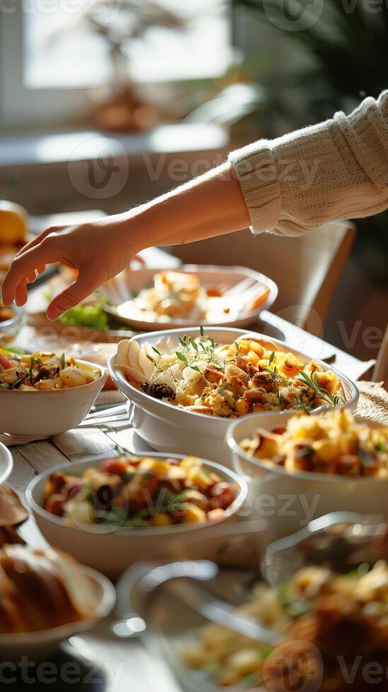 Close-up of a hand reaching for a dish at a festive dining table with a variety of food. Concept of family gatherings, holiday meals, celebration, sharing food. Vertical photo
