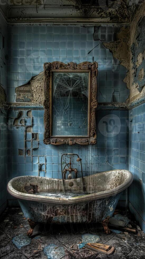 Eerie abandoned mansion bathroom with a broken mirror and a rusty bathtub. Concept of urban decay, forgotten spaces, vintage architecture, spooky atmosphere, Halloween, and scary ambiance. Vertical photo