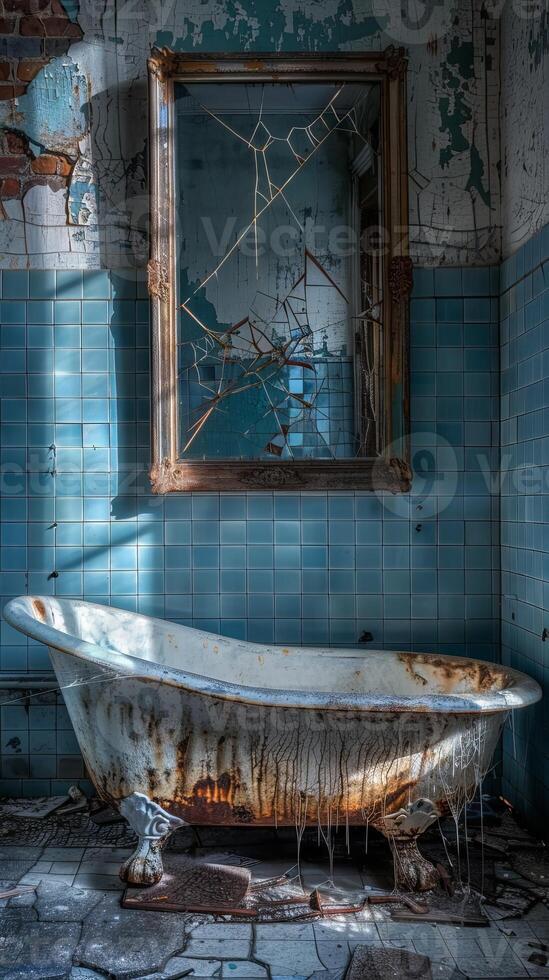 Eerie abandoned mansion bathroom with a broken mirror and a rusty bathtub. Concept of urban decay, forgotten spaces, vintage architecture, spooky atmosphere, Halloween, and scary ambiance. Vertical photo
