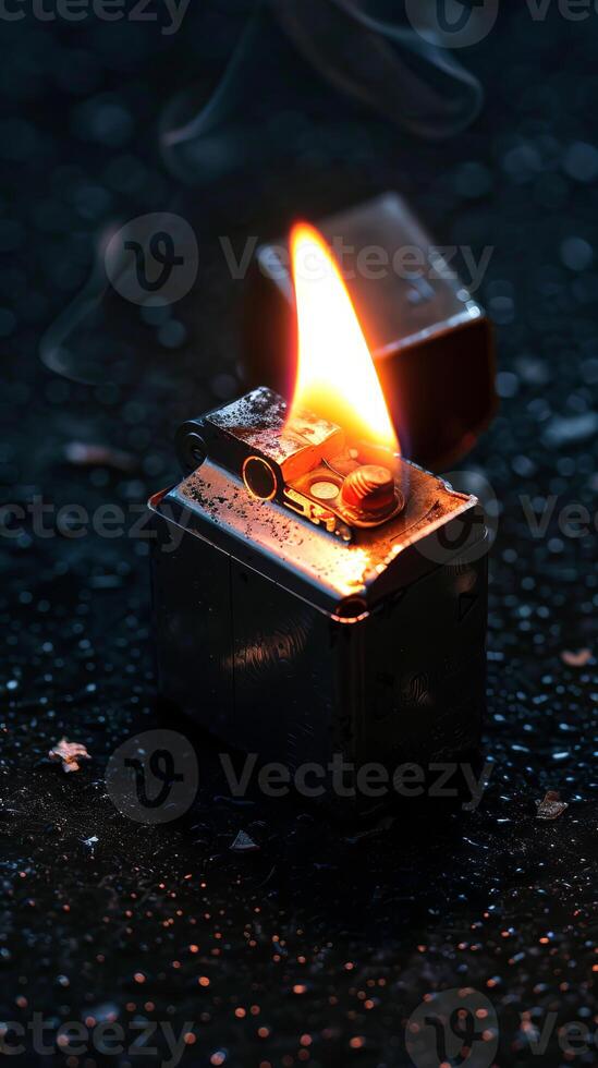 Close-Up of a Woman Lighting a Zippo Lighter on a Dark Background. Concept of Fire Ignition, Lighter Mechanics, Precision Lighting. Vertical photo