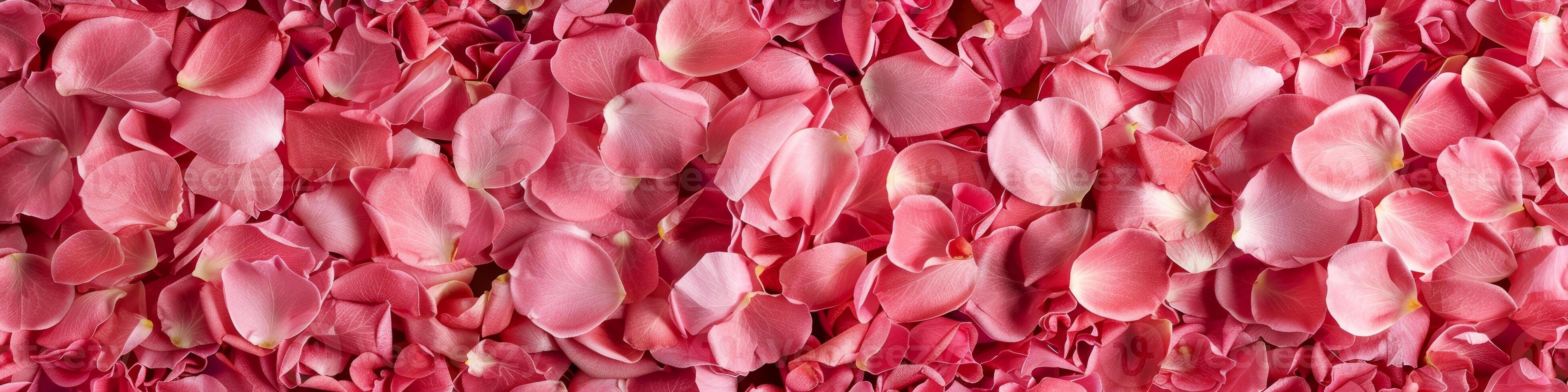Vibrant pink rose petals overlapping, creating a soft and romantic floral background. Concept of love, passion, nature's beauty, Valentine's Day celebration. Wide banner. Greeting card. Copy space photo