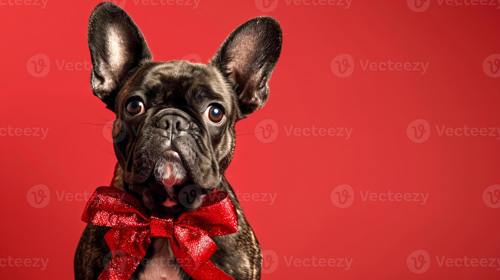 Portrait of a French Bulldog Wearing a Red Bowtie Against a Solid Red Background. Concept of canine elegance, pet fashion, cute dog, and vibrant color contrasts. Copy space photo