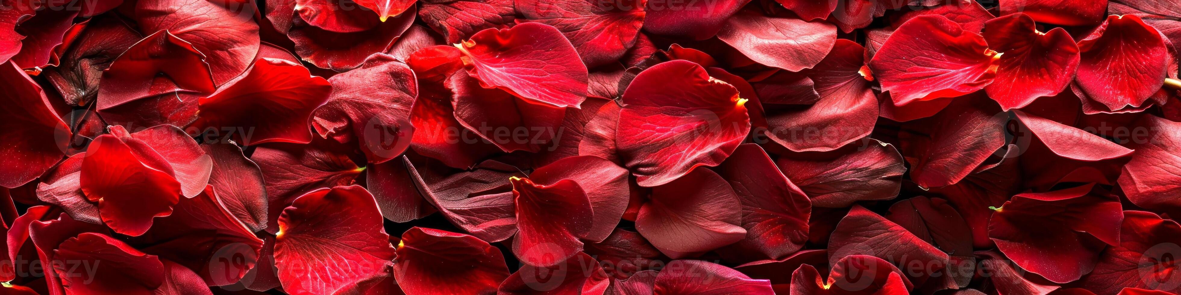 Vibrant Red Rose Petals Background Representing Love and Passion in a Beautiful Chaos. Concept of Romance, Affection, Beauty, Valentine's Day celebration. Wide banner. Greeting card. Copy space photo