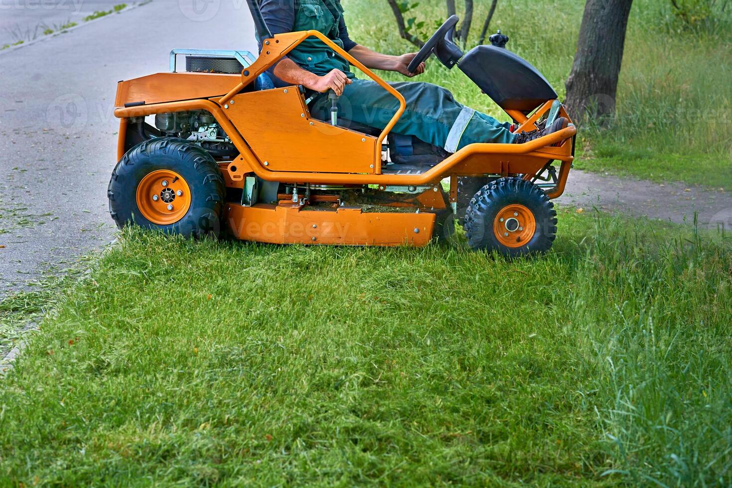 Professional grass cutting on lawns with a lawn mower tractor photo