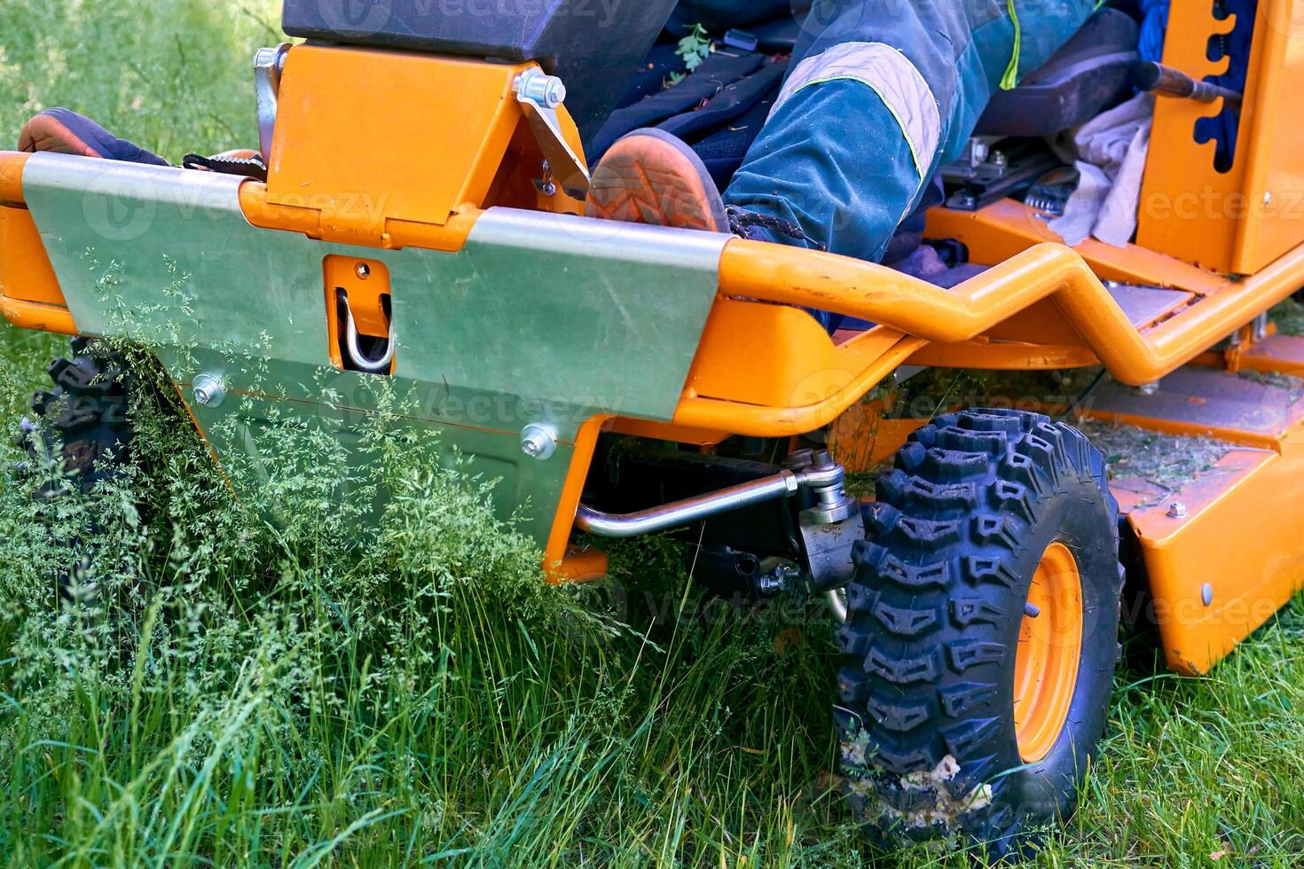 Professional grass cutting on lawns with a lawn mower tractor photo