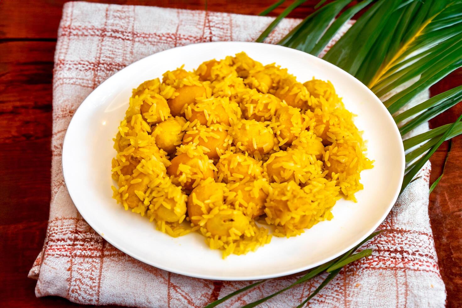 Traditional Brazilian dish chicken with pequi caryocar brasiliense and rice photo