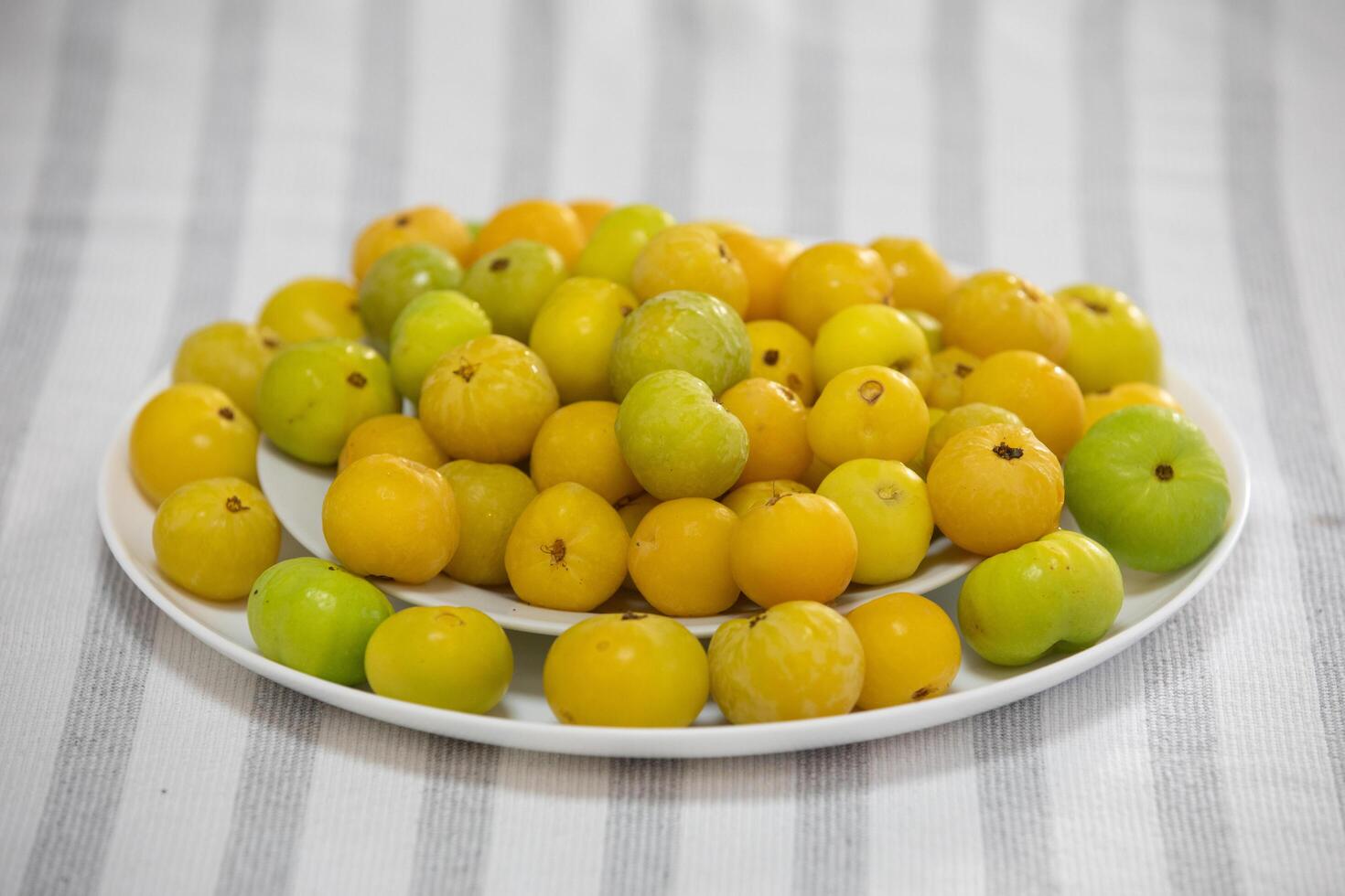 Ripe edible wild fruit from the Brazilian cerrado biome, fruit known as cagaita Stenocalyx dysentericus of the Magnoliopsida class and the Myrtaceae family. photo