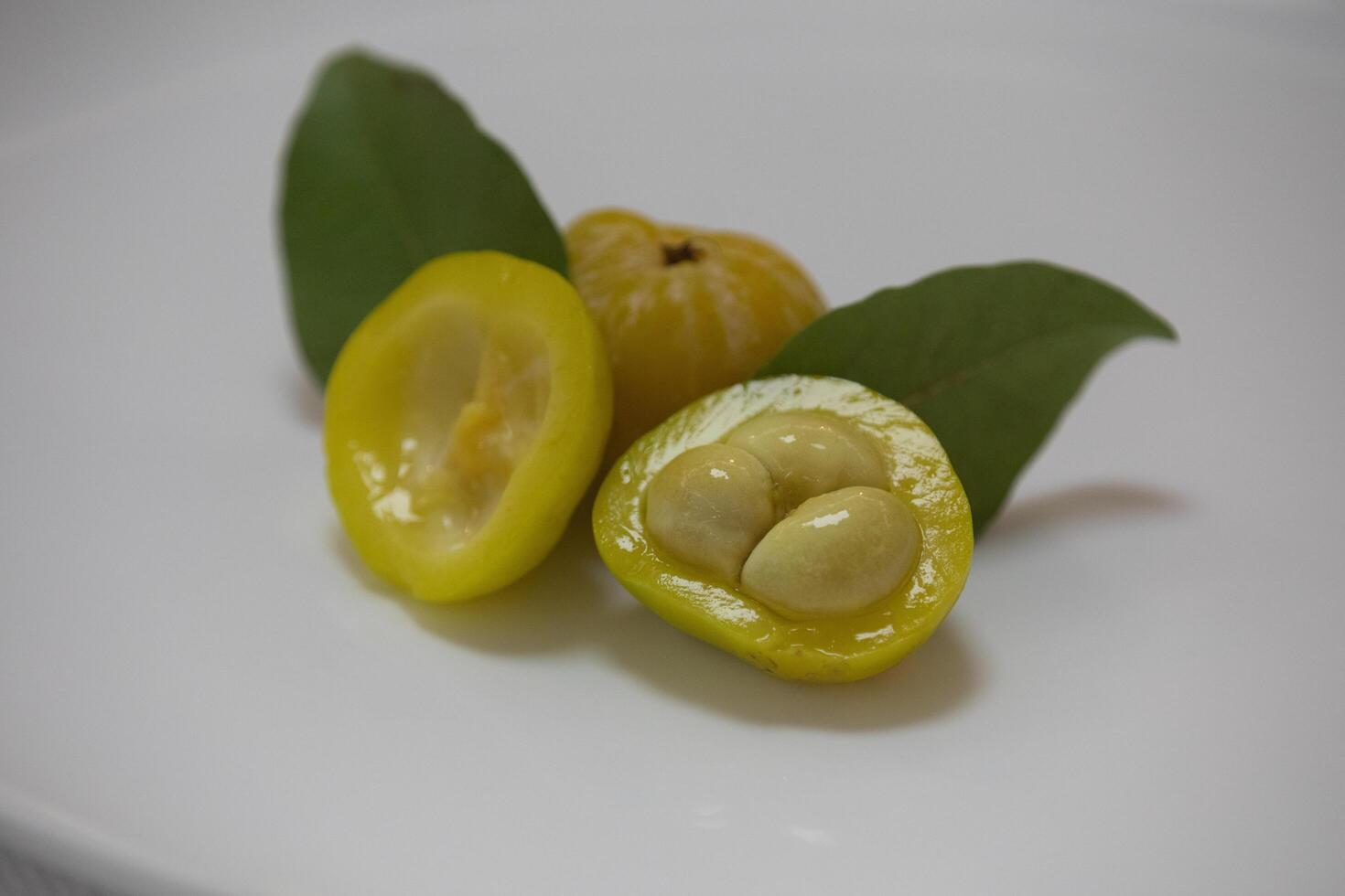 Ripe edible wild fruit from the Brazilian cerrado biome, fruit known as cagaita Stenocalyx dysentericus of the Magnoliopsida class and the Myrtaceae family. photo