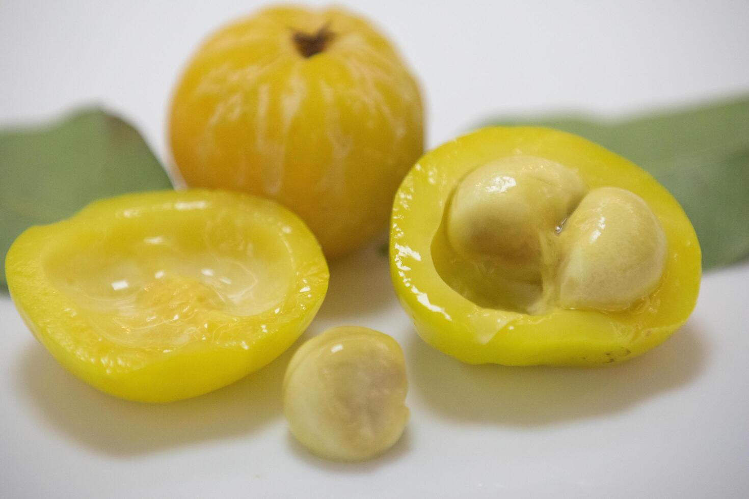 Ripe edible wild fruit from the Brazilian cerrado biome, fruit known as cagaita Stenocalyx dysentericus of the Magnoliopsida class and the Myrtaceae family. photo