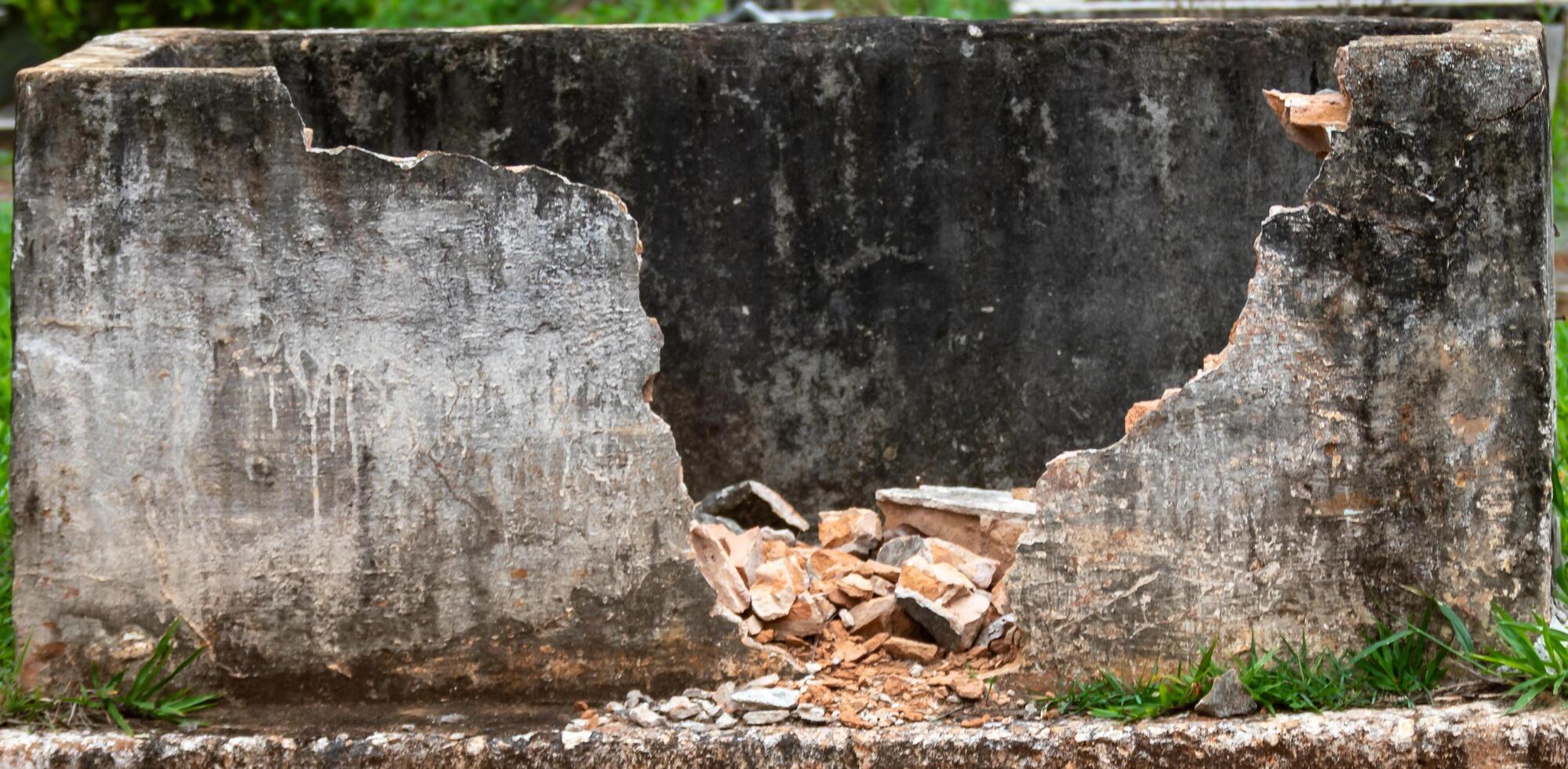 Old crumbling broken brick wall rustic texture, abandoned, mysterious photo