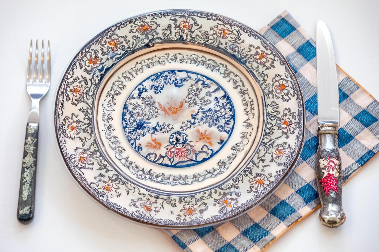 Empty plate top view with metal cutlery next to it photo