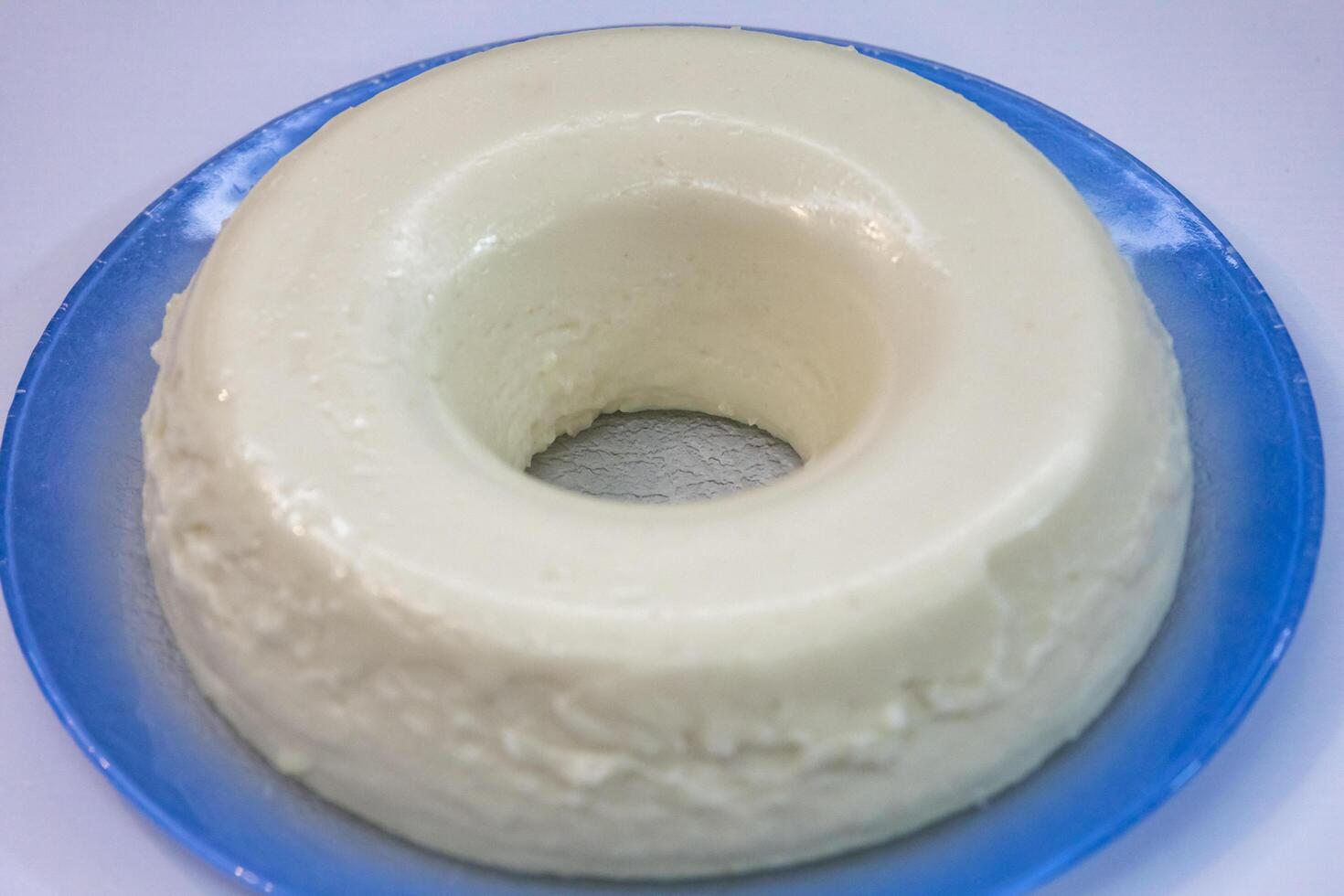 Traditional Brazilian coconut flan dessert known as manjar branco, manjar de coco and manjar dos deuses. Served with plum syrup. photo