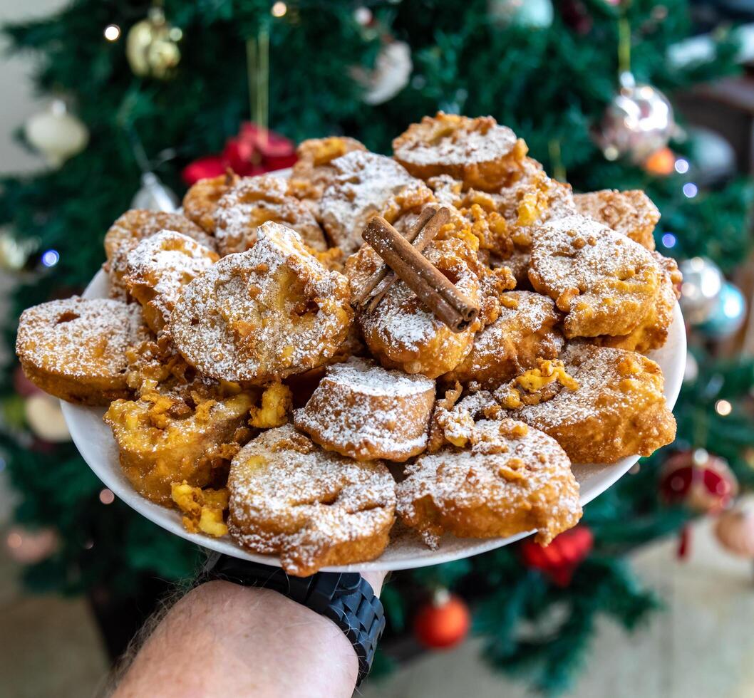 Authentic sweet Christmas French toast served with sugar and cinnamon in a Christmas atmosphere photo