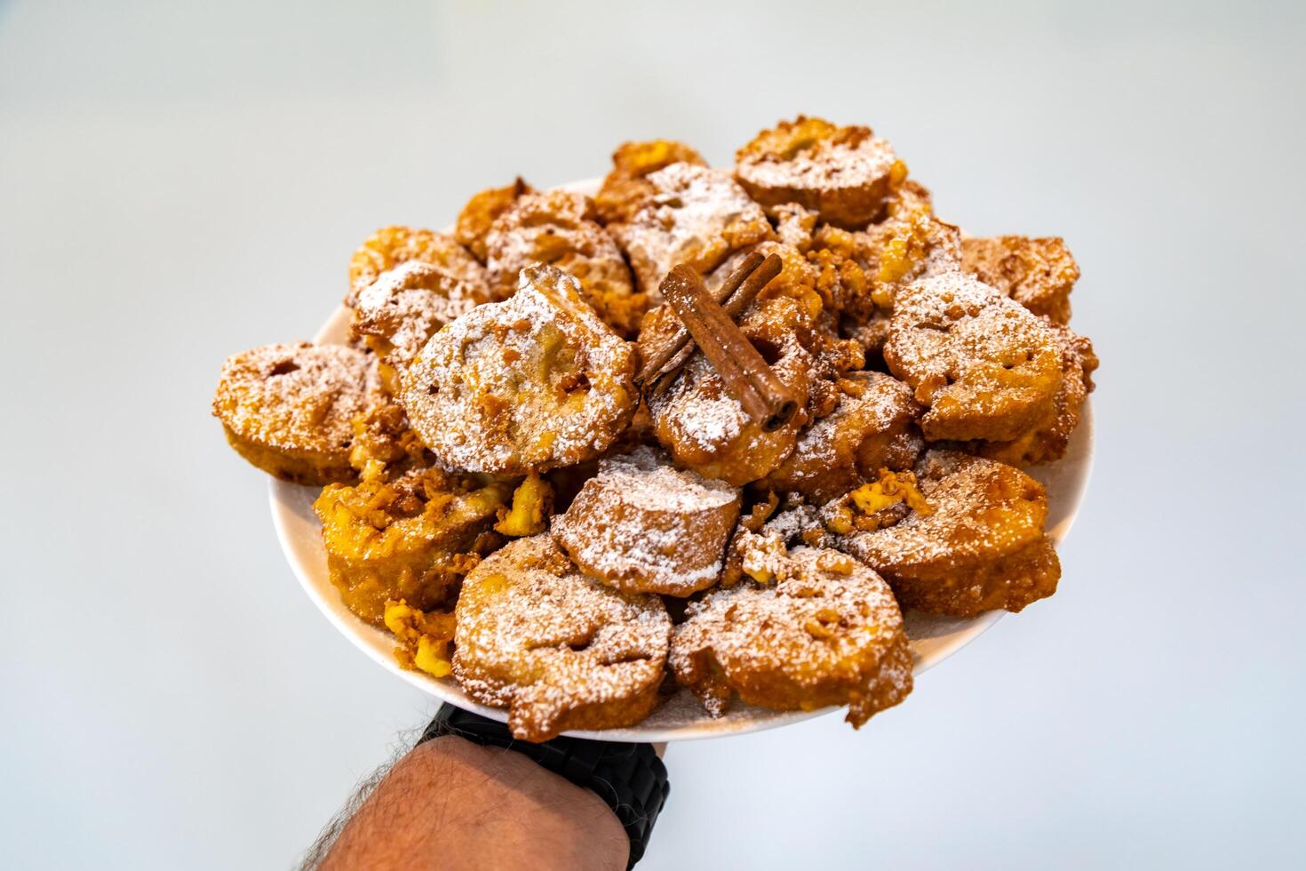 Authentic sweet Christmas French toast served with sugar and cinnamon in a Christmas atmosphere photo