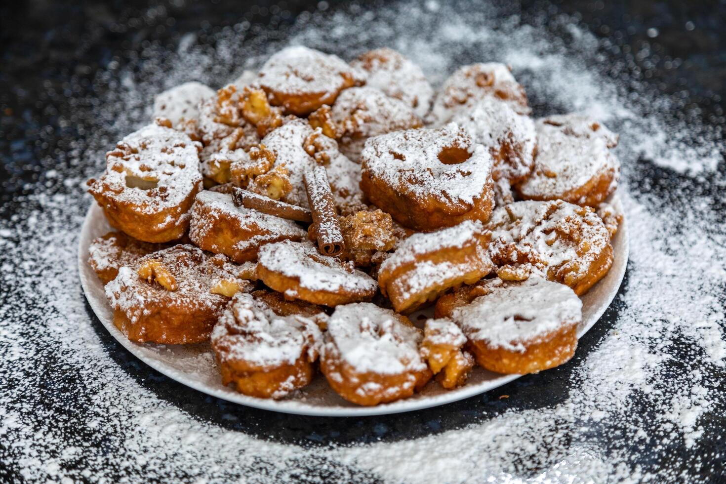 Authentic sweet Christmas French toast served with sugar and cinnamon in a Christmas atmosphere photo