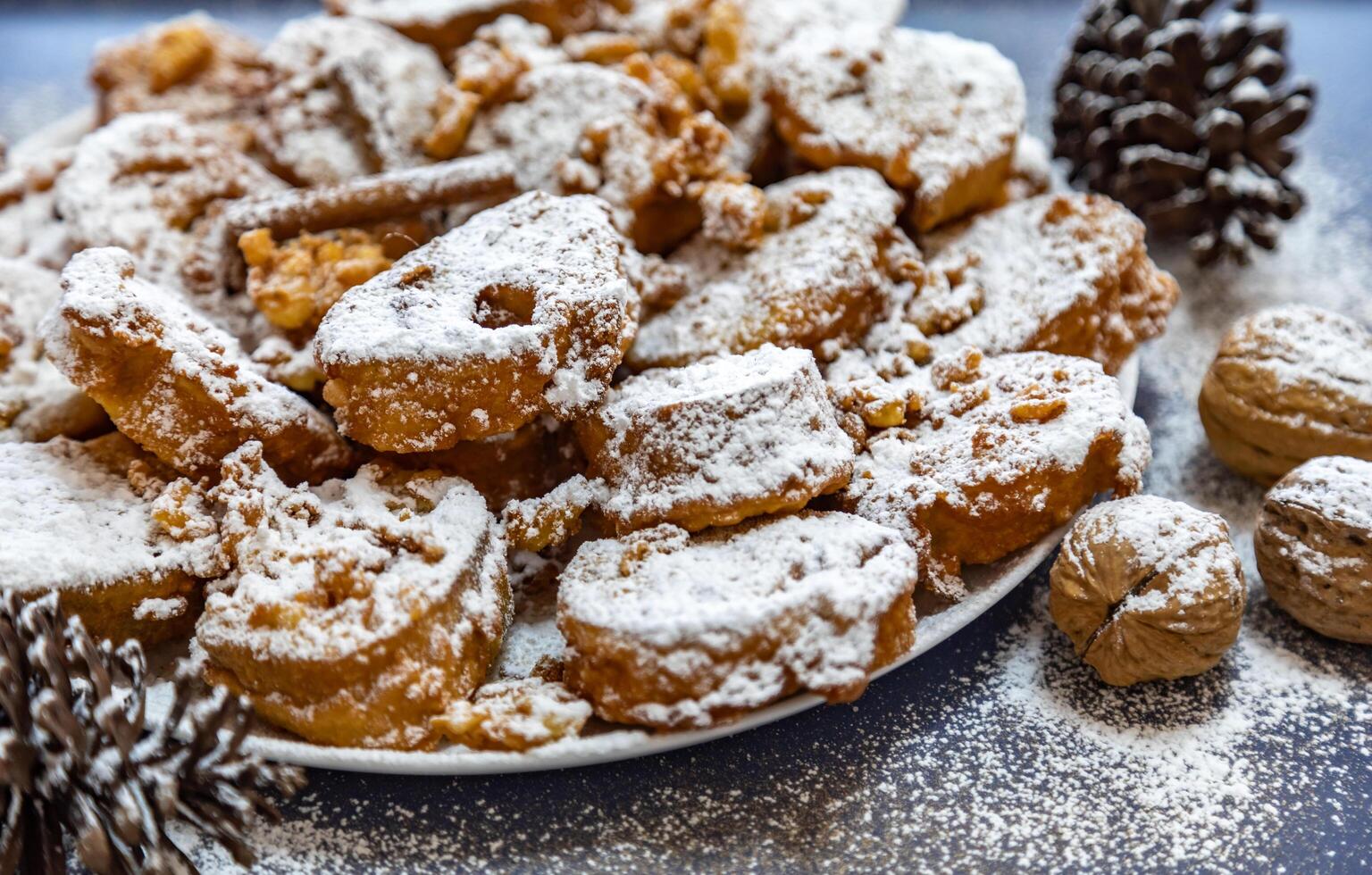 Authentic sweet Christmas French toast served with sugar and cinnamon in a Christmas atmosphere photo