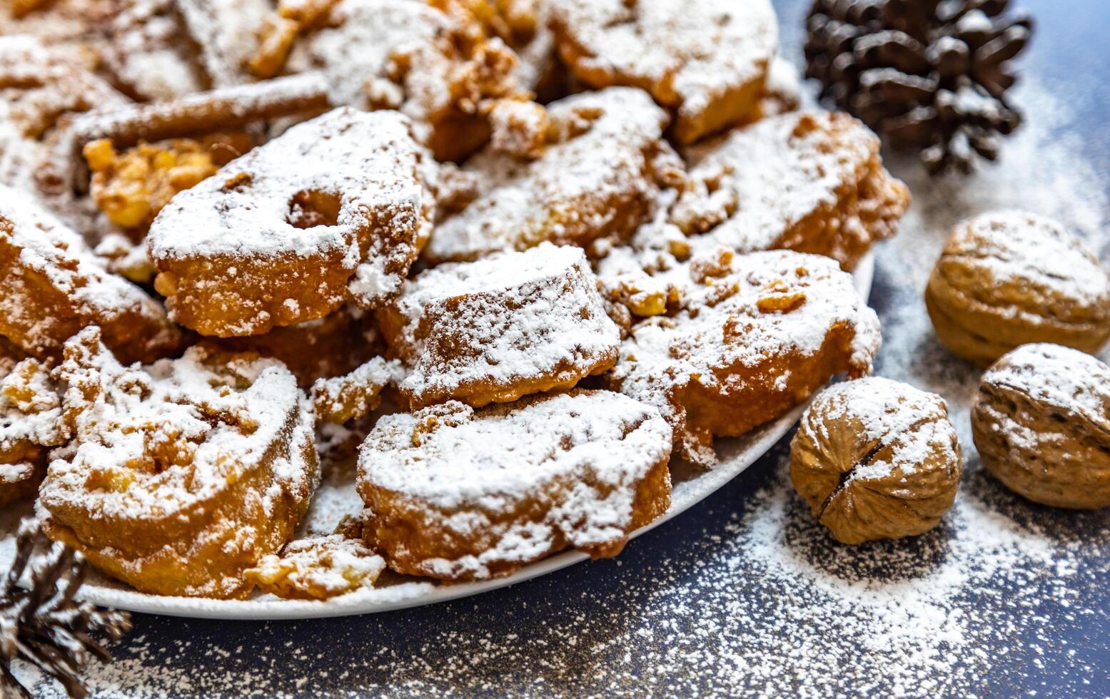 Authentic sweet Christmas French toast served with sugar and cinnamon in a Christmas atmosphere photo