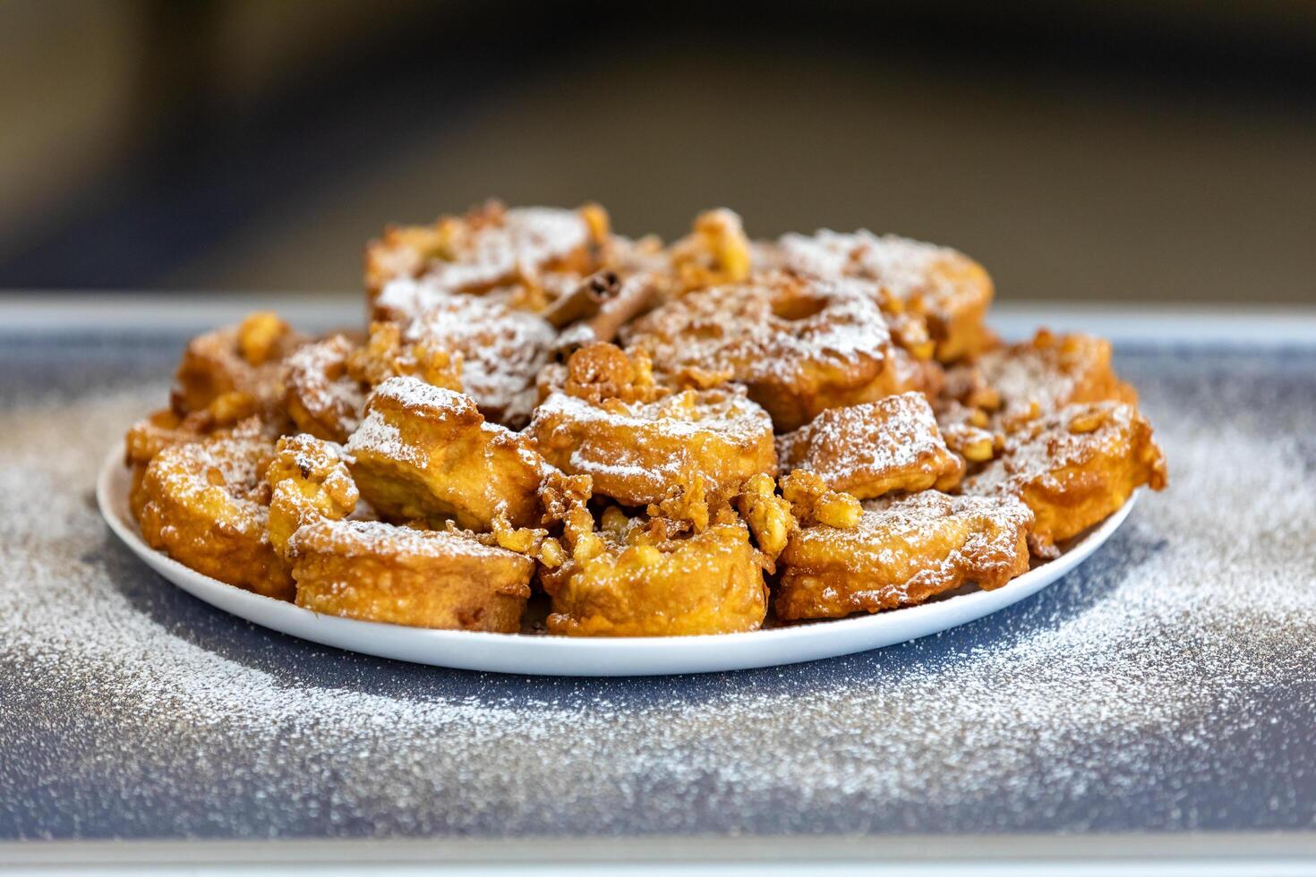 Authentic sweet Christmas French toast served with sugar and cinnamon in a Christmas atmosphere photo