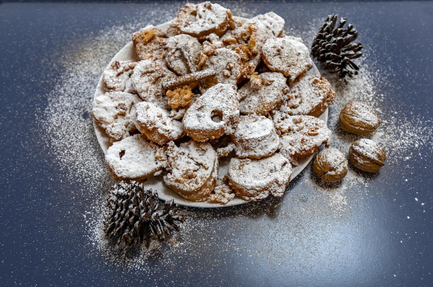 Authentic sweet Christmas French toast served with sugar and cinnamon in a Christmas atmosphere photo