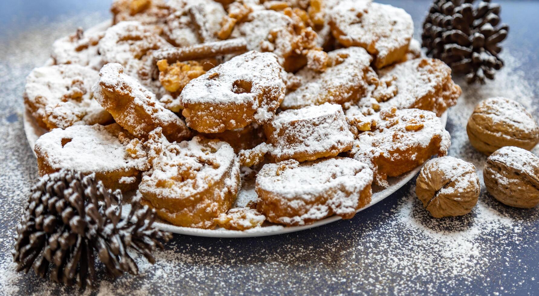 Authentic sweet Christmas French toast served with sugar and cinnamon in a Christmas atmosphere photo