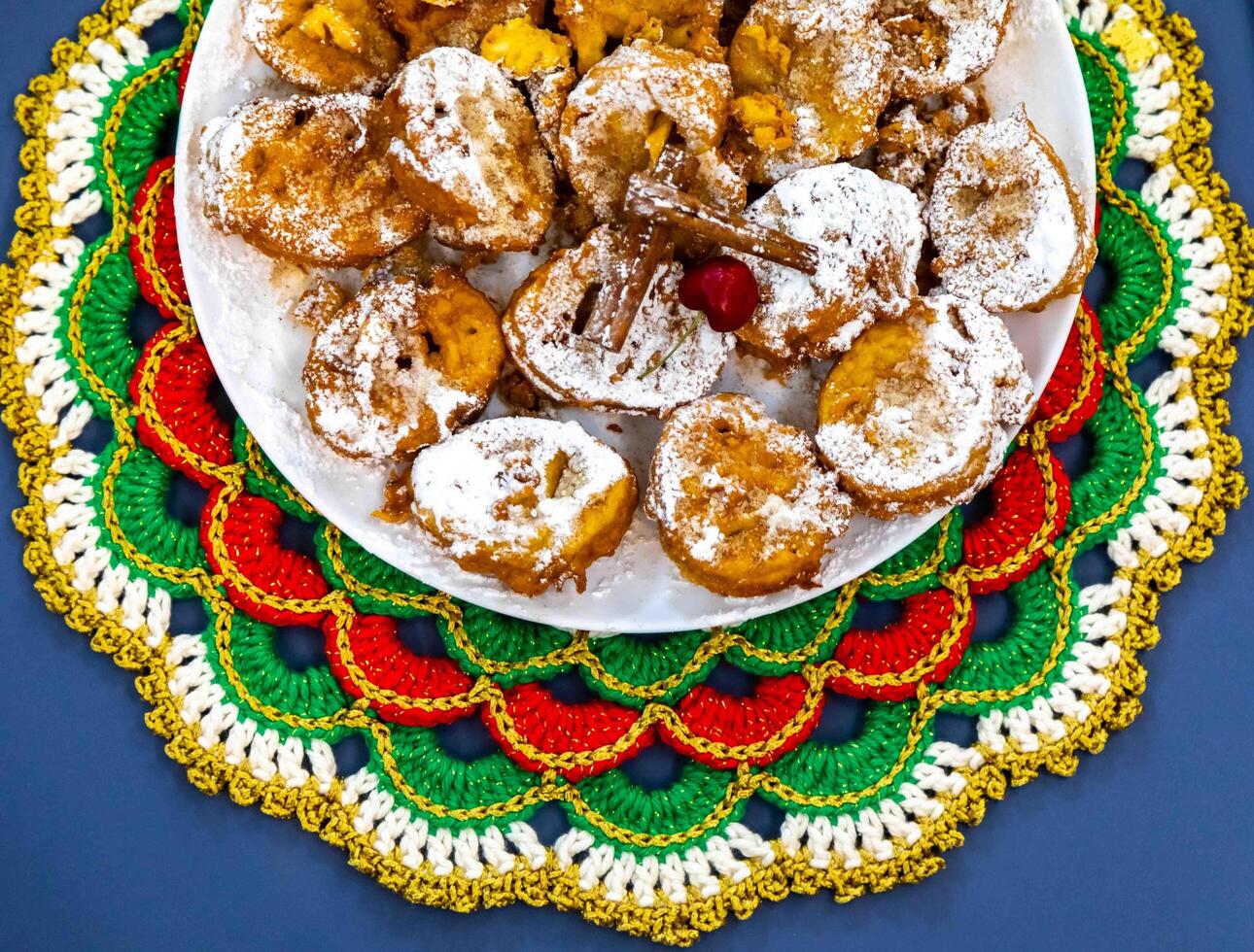 Authentic sweet Christmas French toast served with sugar and cinnamon in a Christmas atmosphere photo