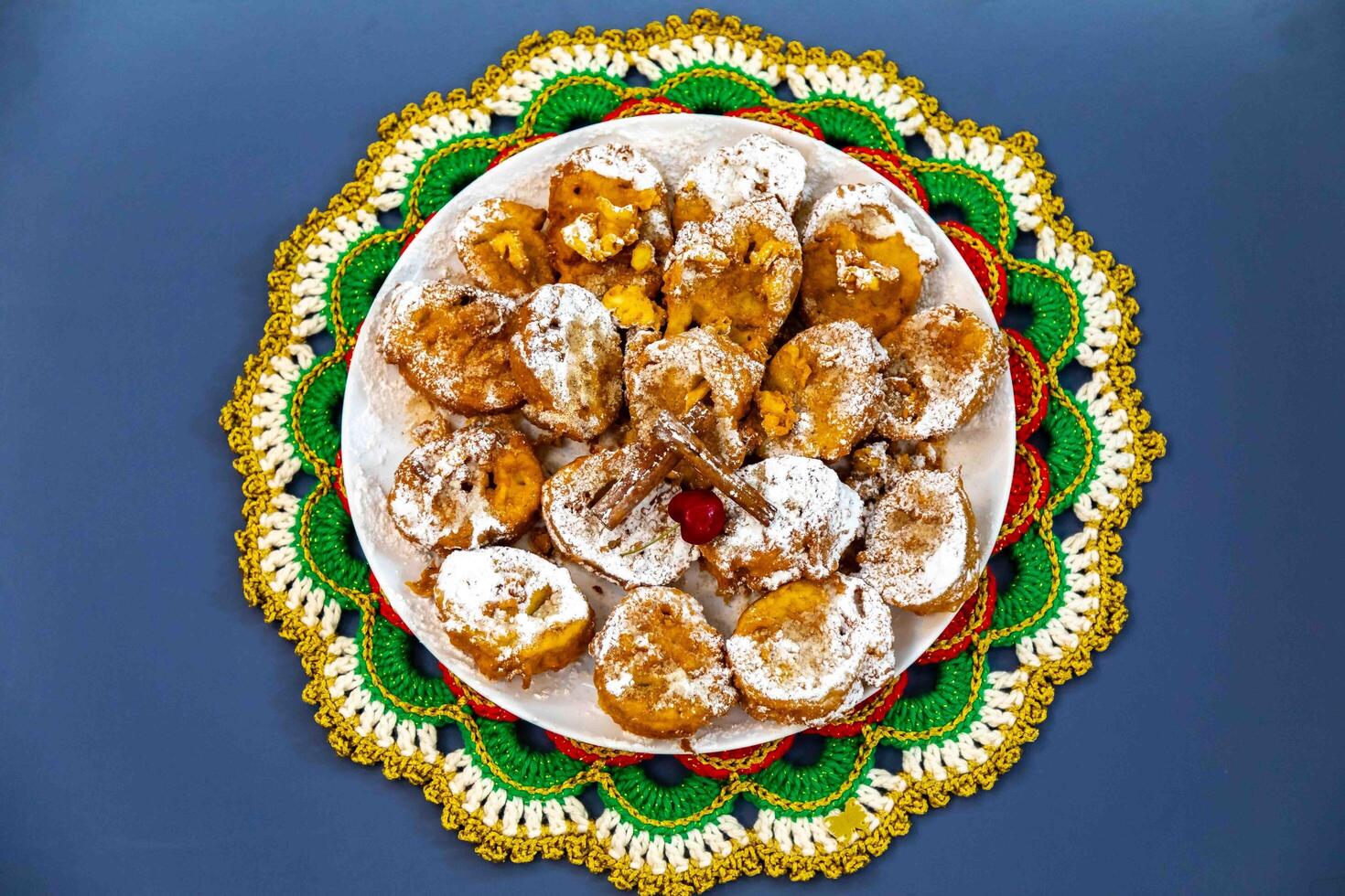 Authentic sweet Christmas French toast served with sugar and cinnamon in a Christmas atmosphere photo
