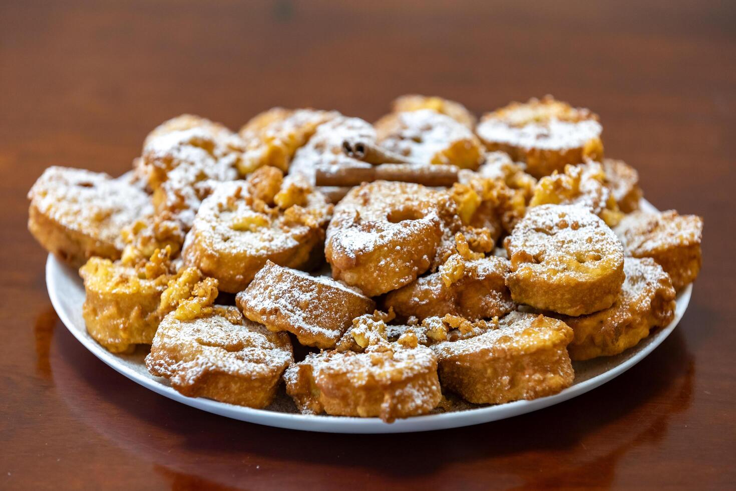 Authentic sweet Christmas French toast served with sugar and cinnamon in a Christmas atmosphere photo