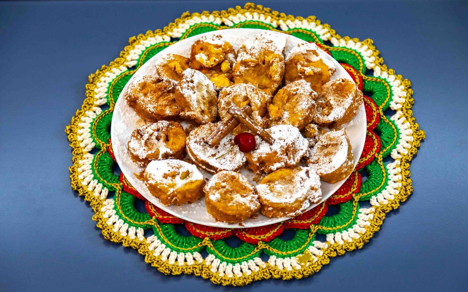Authentic sweet Christmas French toast served with sugar and cinnamon in a Christmas atmosphere photo