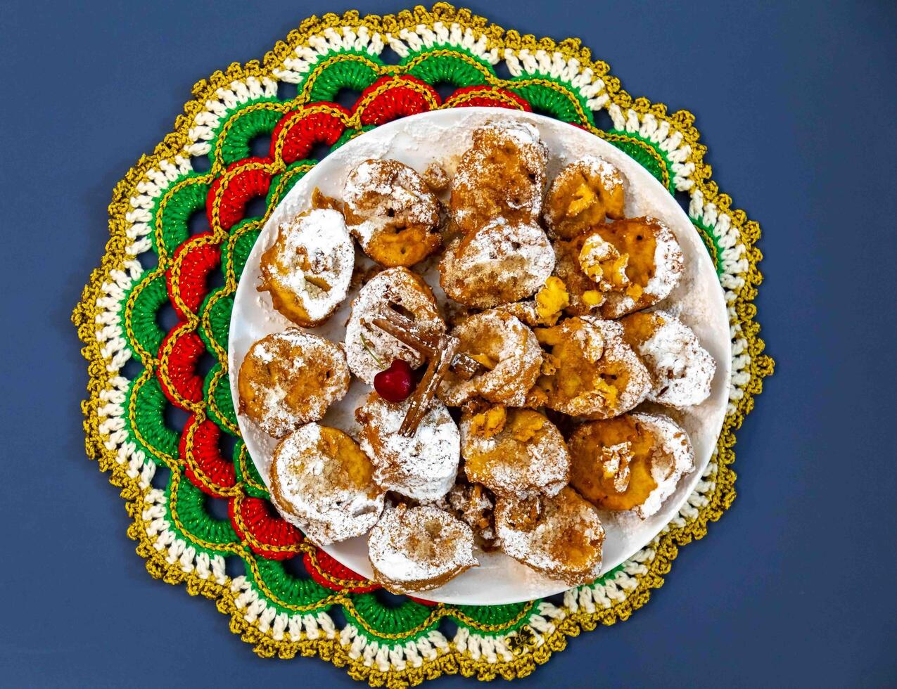 Authentic sweet Christmas French toast served with sugar and cinnamon in a Christmas atmosphere photo